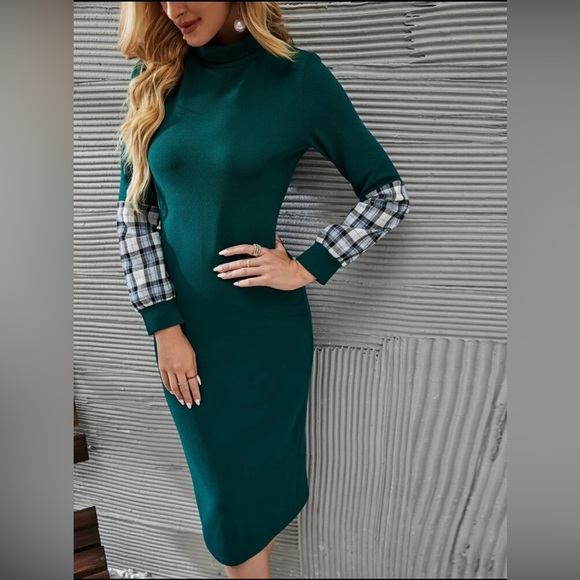 NWOT Plaid Panel Mock Neck Shirt Dress - Picture 6 of 11